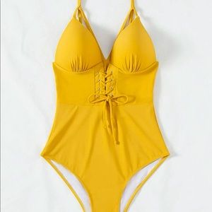 Solid lace up underwire one piece swimsuit large